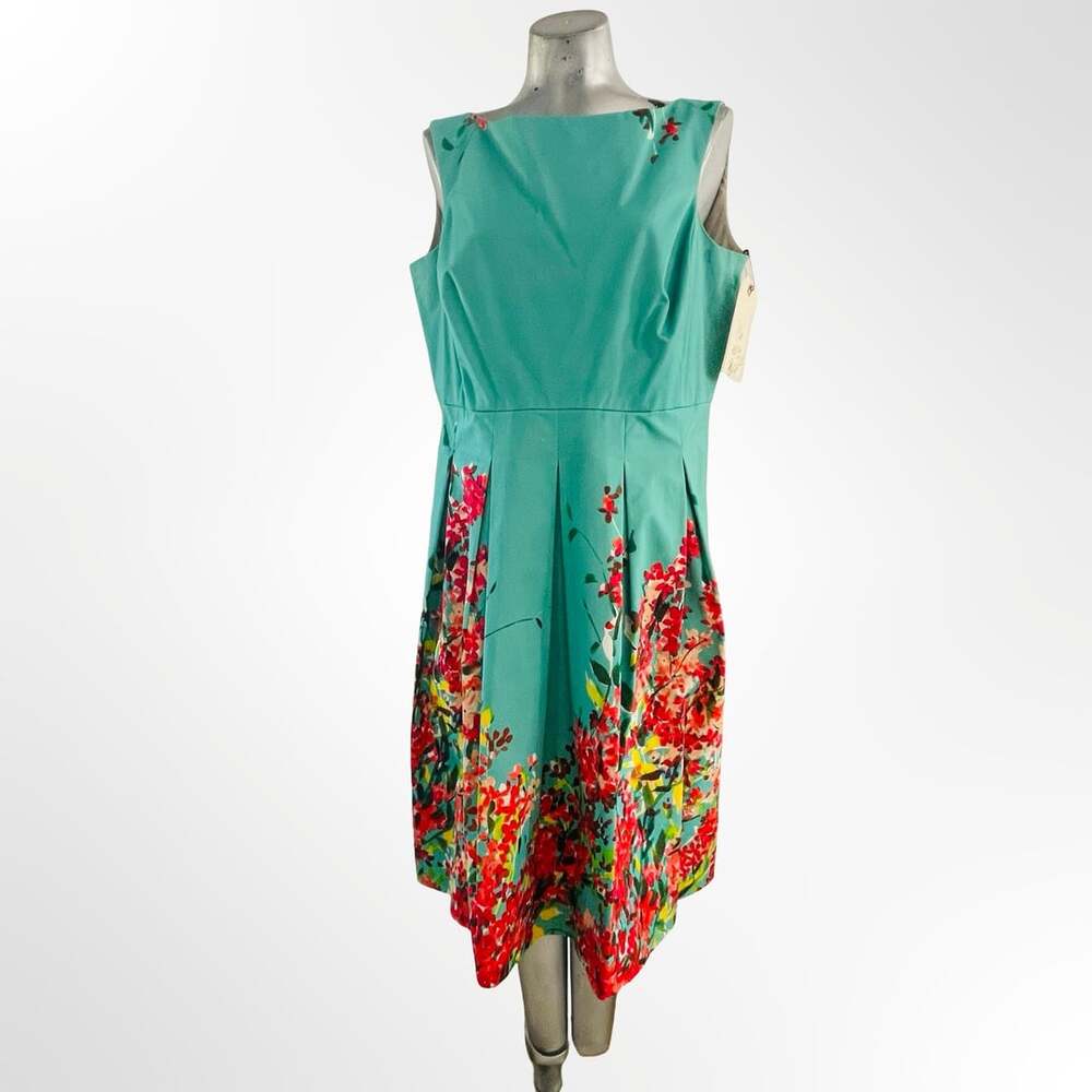 Lafayette 148 New York Floral Midi Dress Size 16 Teal Red Yellow Sleeveless Fit - Picture 2 of 8